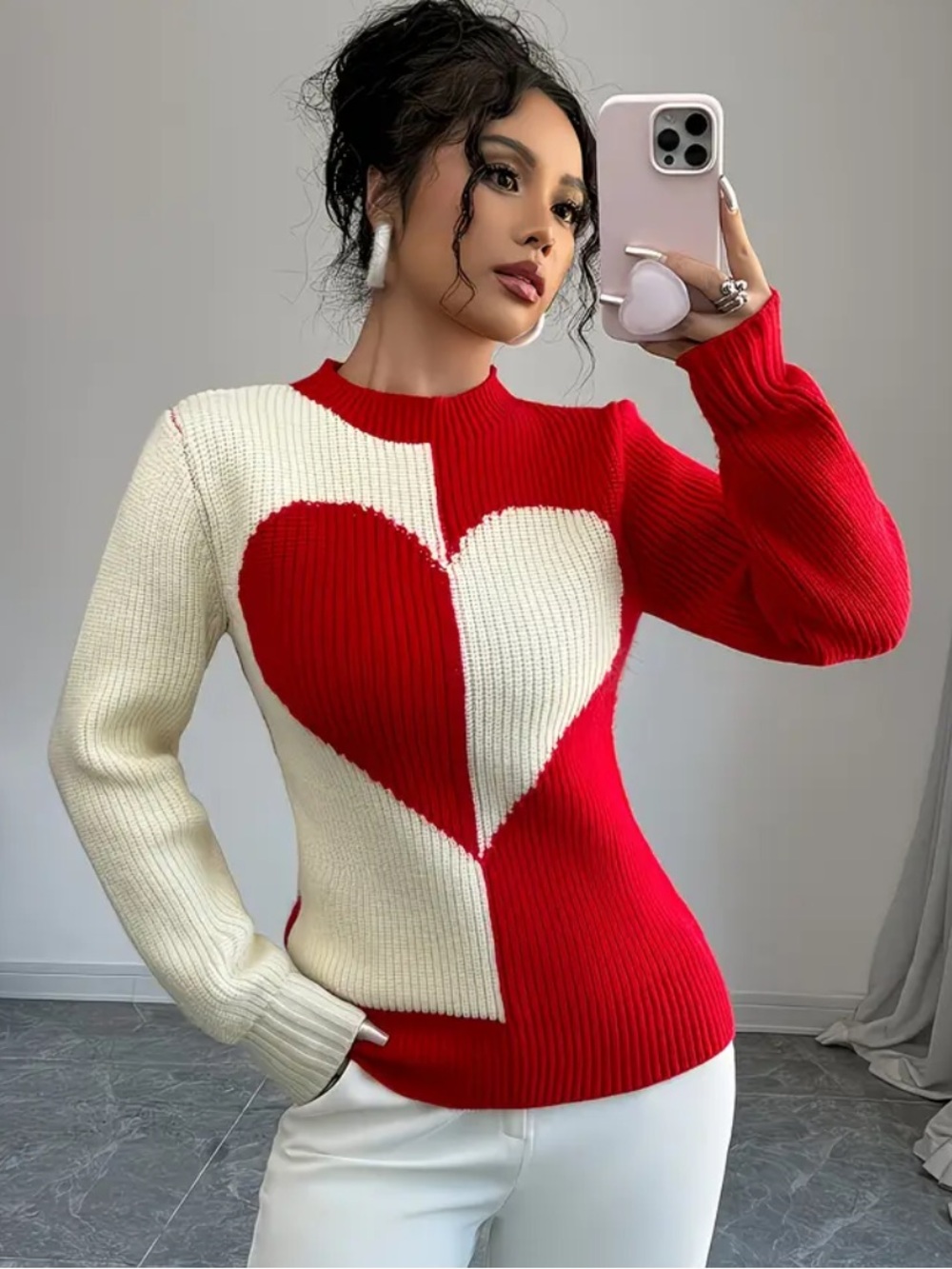 HEART Red & Cream Colorblock Knit Sweater L NIB